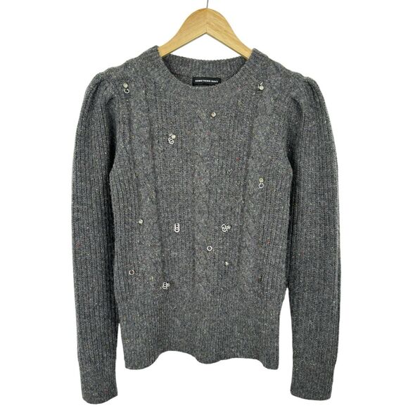 Something Navy Womens Cable Knit Sweater XS Gray Puff Sleeve Bling Wool Preppy - Picture 2 of 14